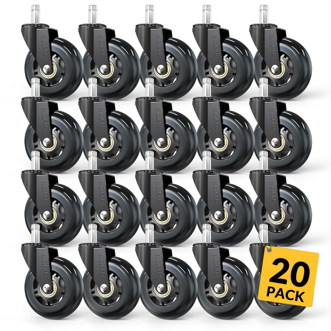 HOLKIE Office Chair Wheels Roller Blade Caster 11x22mm All Black 3 Inch Chair Wheels for Office Rubber Rolling Set of 20 for Carpet Hardwood Floors Gaming Smooth & Silence Gliding