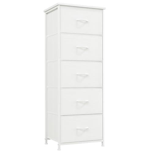 Somdot Tall Dresser for Bedroom with 5 Drawers, Storage Organizer Chest of Drawers with Removable Fabric Bins for Closet Bedside Living Room Laundry Entryway Hallway, White Leather