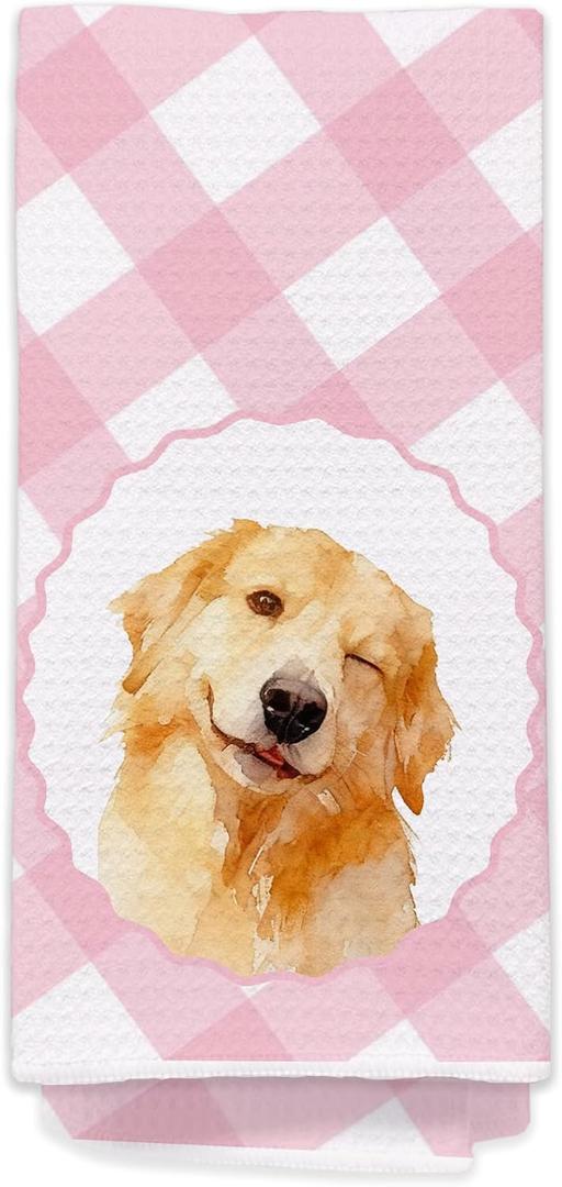 Pink and White Checkered Bathroom Hand Towels - Golden Retriever Dog Bathroom Decor, Golden Retriever Gifts for Women, Housewarming Gifts New Home Idea for Dog Lovers534