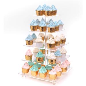 Antimbee 5 Tier Clear Acrylic Cupcake Stand with Gold LED Light String, Square Cup Cake Holder Tower Display