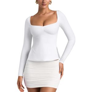 REORIA Womens 2025 Fall Trendy Tops Long Sleeve Shirts for Women Square Neck Going Out Side Slit Tshirts Cute Basic Tee (White, M)