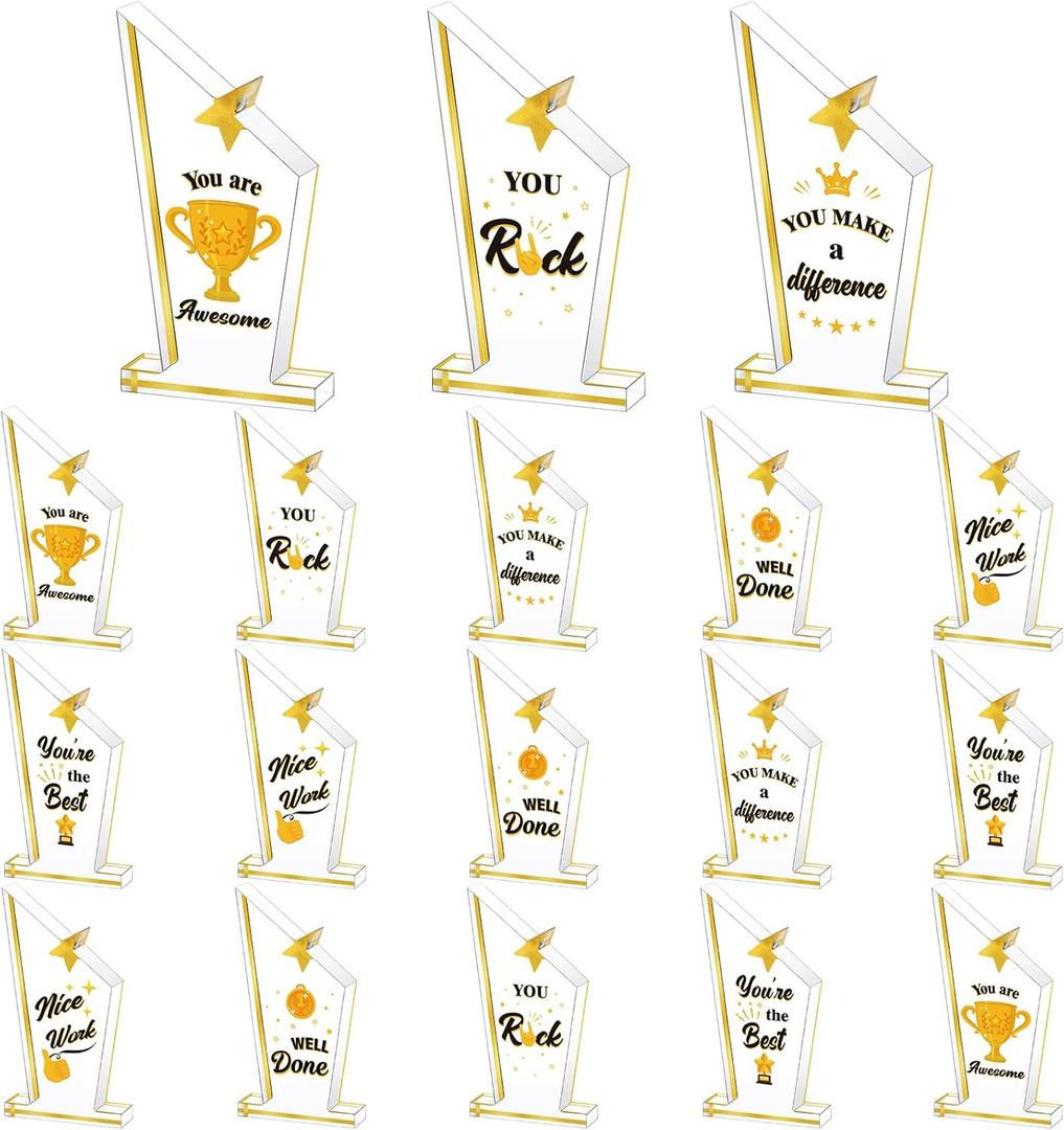 Treela 18 Pcs Employee Appreciation Awards Gifts Bulk Small Acrylic Trophies Mini Thank You Plaque Gifts for Recognition Adults Students Classroom Office Graduation Decorations(Quadrilateral,Gold)