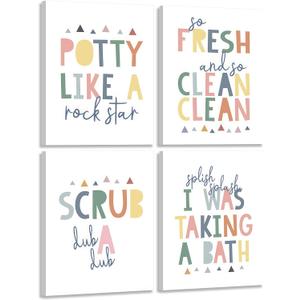 4 Pcs Funny Kids Bathroom Rules Canvas Wall Art Colorful Toilet Word Poster Prints for Home Kid Washroom Pictures Restroom Nursery Toilet Laundry Wall Decor 12x16in Framed
