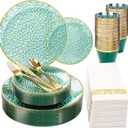 DaYammi 175 Pcs Green Plastic Plates Dinnerware Set (25 Guests), Hammered Plates Sets, Green Party Platos Set include 50 Disposable Platos, 75 Gold Plastic Silverware, 25 Cups 25 Napkins