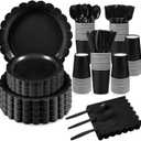 350 Pcs Black Paper Plates and Napkins, 25 Guest Black Party Supplies Includes Scalloped Party Plates Napkins Cups Plastic Spoons Forks Knives for Birthday, Wedding