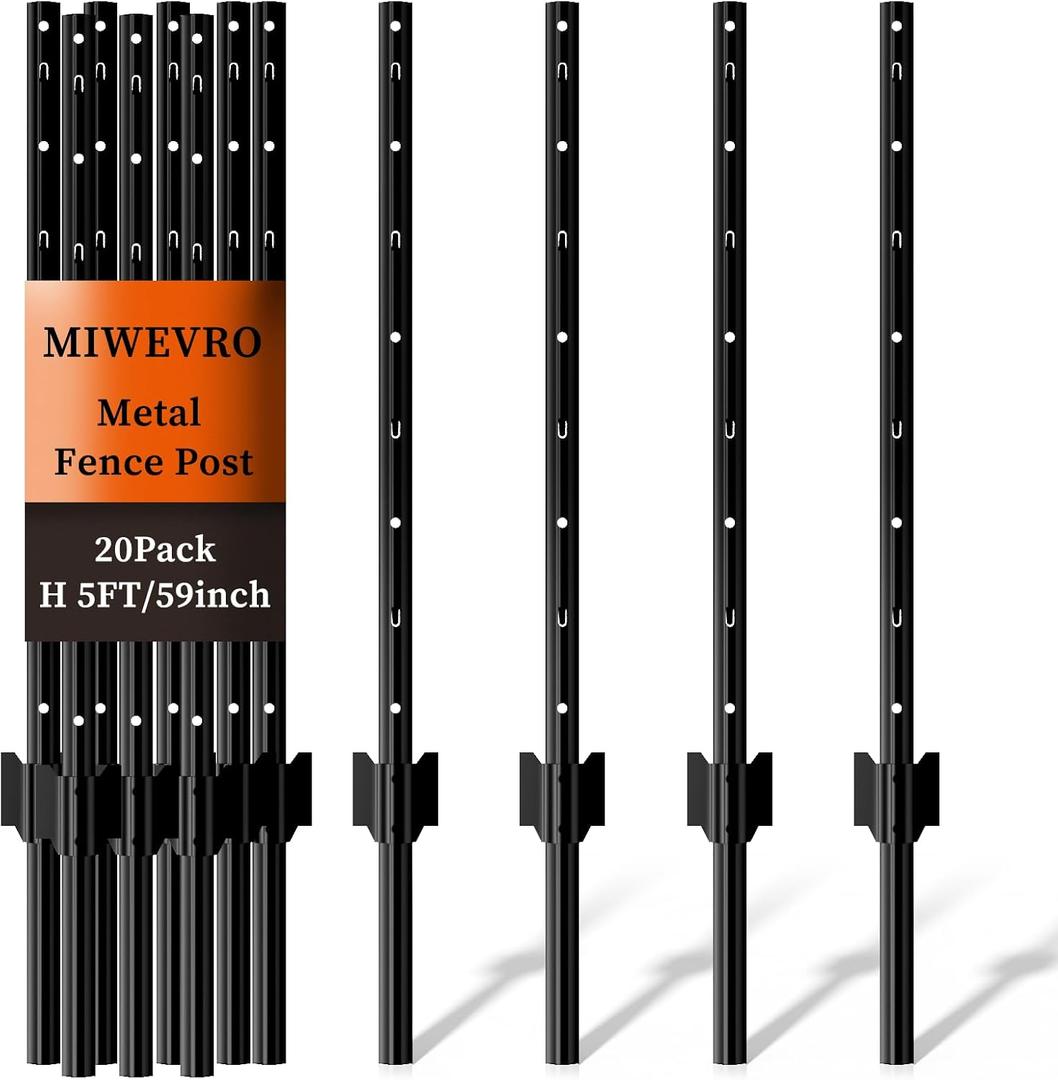 20 Pack Garden Fence Post, 5 Feet Heavy Duty Metal U-Post for Wire Fence, No Dig Garden Fence Stakes for Temporary Fencing, Electric Fence Wire, Corner Anchor, and More-Black