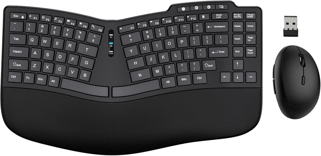Ergonomic Wireless Keyboard Mouse Combo, Bluetooth/2.4G Split Design Keyboard with Palm Rest and 3 Levels DPI Adjustable Wireless Vertical Mouse, Multi-Device, Rechargeable, for Windows/MacBlack