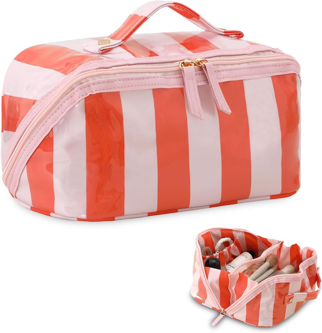DYSHAYEN Stripe Travel Makeup Bag with Compartments Clear Coated Cosmetic Bag for Women, Waterproof Portable Open Flat Toiletry bag Pink-Orange