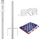 BsBsBest Flag Poles for Outside in Ground, 8.2FT Telescoping Flag Pole Kit for Yard with 35FT American Flag, Stainless Steel Portable Residential Flag Pole with 35FT American Flag for HouseSilver