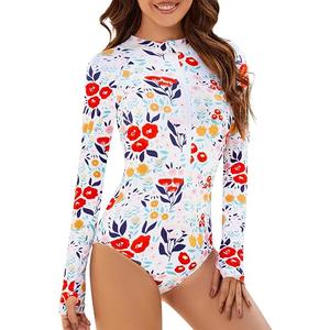 Womens Long Sleeve One-Piece Swimsuit: Rash Guard UV UPF 50+ Sun Protection Printed Zipper Surfing Bathing Suit S Red Flower