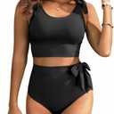 Two Piece High Waisted Swimsuits - Women Tummy Control Bikini Modest Bathing Suit 2PC 2025 Black L