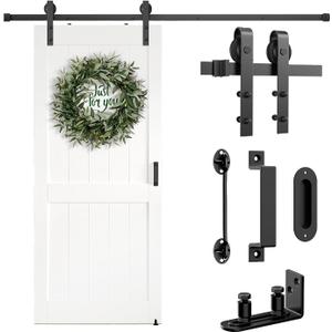 Barn Door Hardware Kit 6.6FT Heavy Duty Sliding Door Track Kit with Floor Guide and 2 Handles with Lock, Smoothly Hardware Kits for Interior Exterior Fit 36"-40" Wide Panel (J Shape Hanger) (Black)