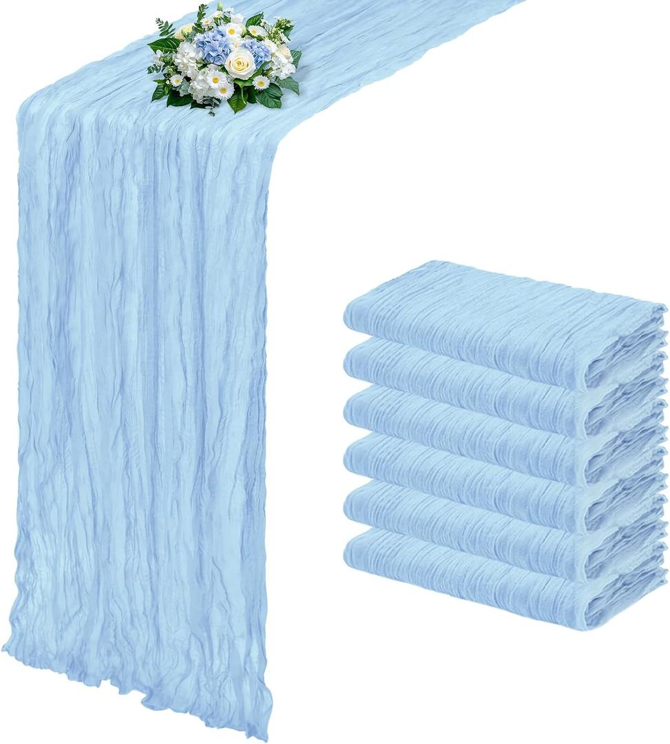 6 Pack Baby Blue Cheesecloth Table Runner 17x108 Inch Semi Sheer Boho Gauze Cheese Cloth Fabric Table Runners, for Wedding Party Baby Shower Birthday Home Decor Garden Farmhouse
