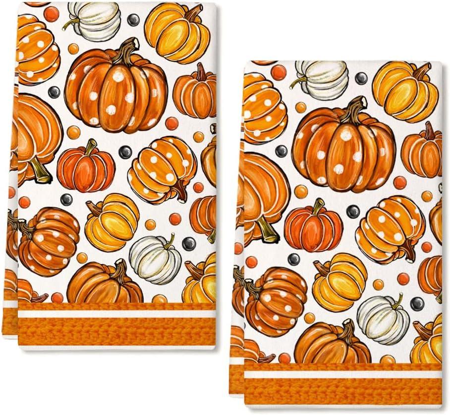 ARKENY Orange Pumpkin Fall Kitchen Towels Set of 2,Autumn Dish Towels 18x26 Inch Drying Dishcloth,Thanksgiving Farmhouse Home Decorations AD388