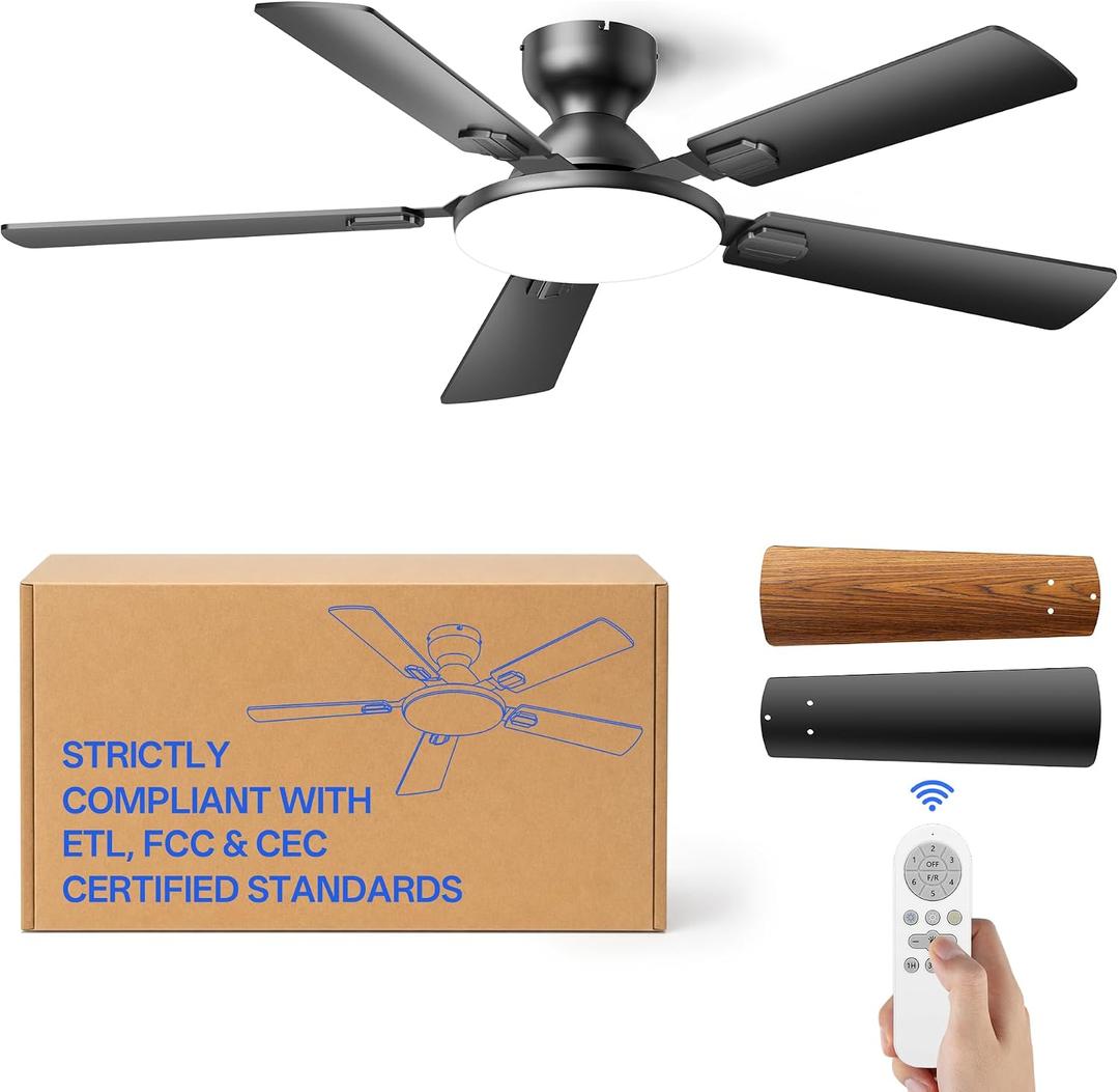 Homelist Ceiling Fans with Lights 52 Inch, Low Profile Flush Mount Fan, Quiet 6 Speeds DC Reversible Motor, 3CCT Dimmable LED, Remote Control for Living Room, Bedroom, Kids Room, Matte Black