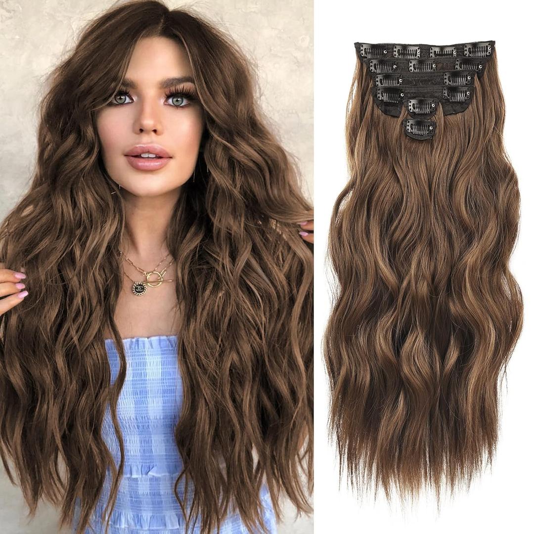 NAYOO Clip in Hair Extensions for Women 20 Inch Long Wavy Curly Medium Brown Hairpieces Full Head Synthetic Hair Hairpieces (6PCS,Medium Brown)