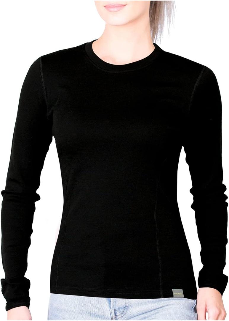 MERIWOOL Women's Base Layer 100% Merino Wool Midweight Long Sleeve Thermal Shirt (Medium, Black)