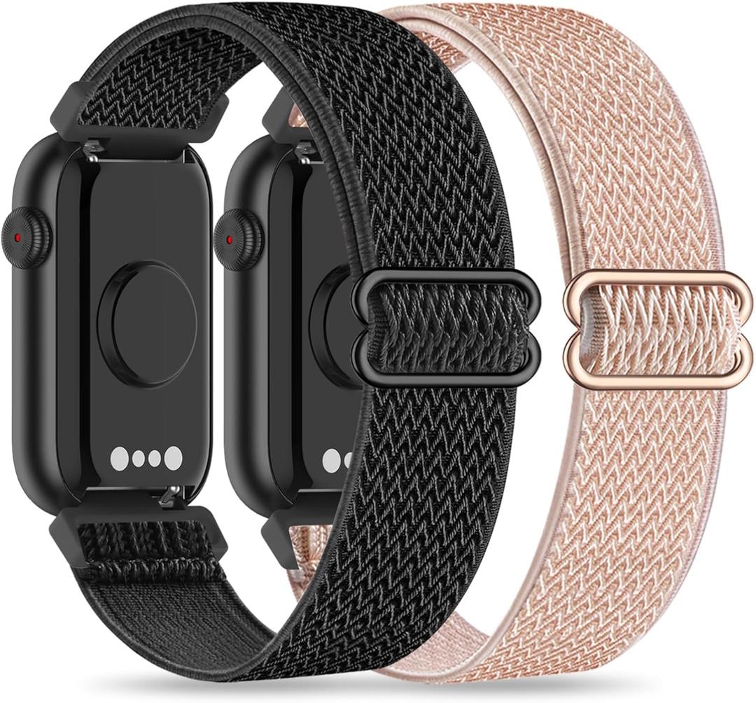 2 Pack Stretchy 16mm Nylon Bands Compatible with FITVII HM08/MorePro HM08/Amzhero-Runfit D26/KALINCO Slim Fitness Tracker (bw-black/rose pink)
