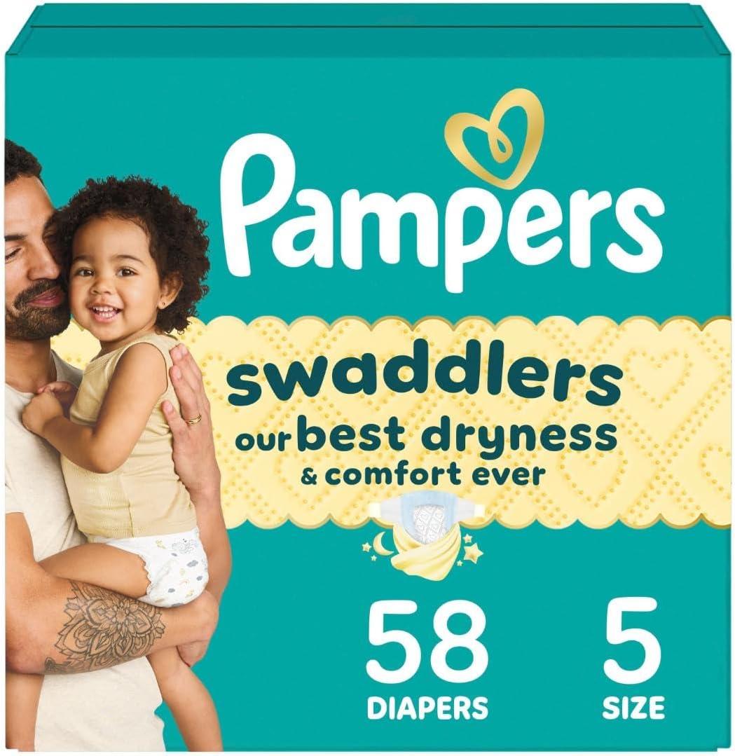 Pampers Swaddlers Diapers, Size 5 (20-37 lbs), 58 Count, Absorbent, Keeps Baby Dry and Comfortable, Skin Safe Disposable Baby Diaper (Packaging May Vary)
