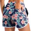 G Gradual 3" Women's Swim Shorts 3 Pockets High Waisted Board Shorts Tummy Control Swimsuit Bottoms with Liner Beach Water (Medium, Navy Flower)