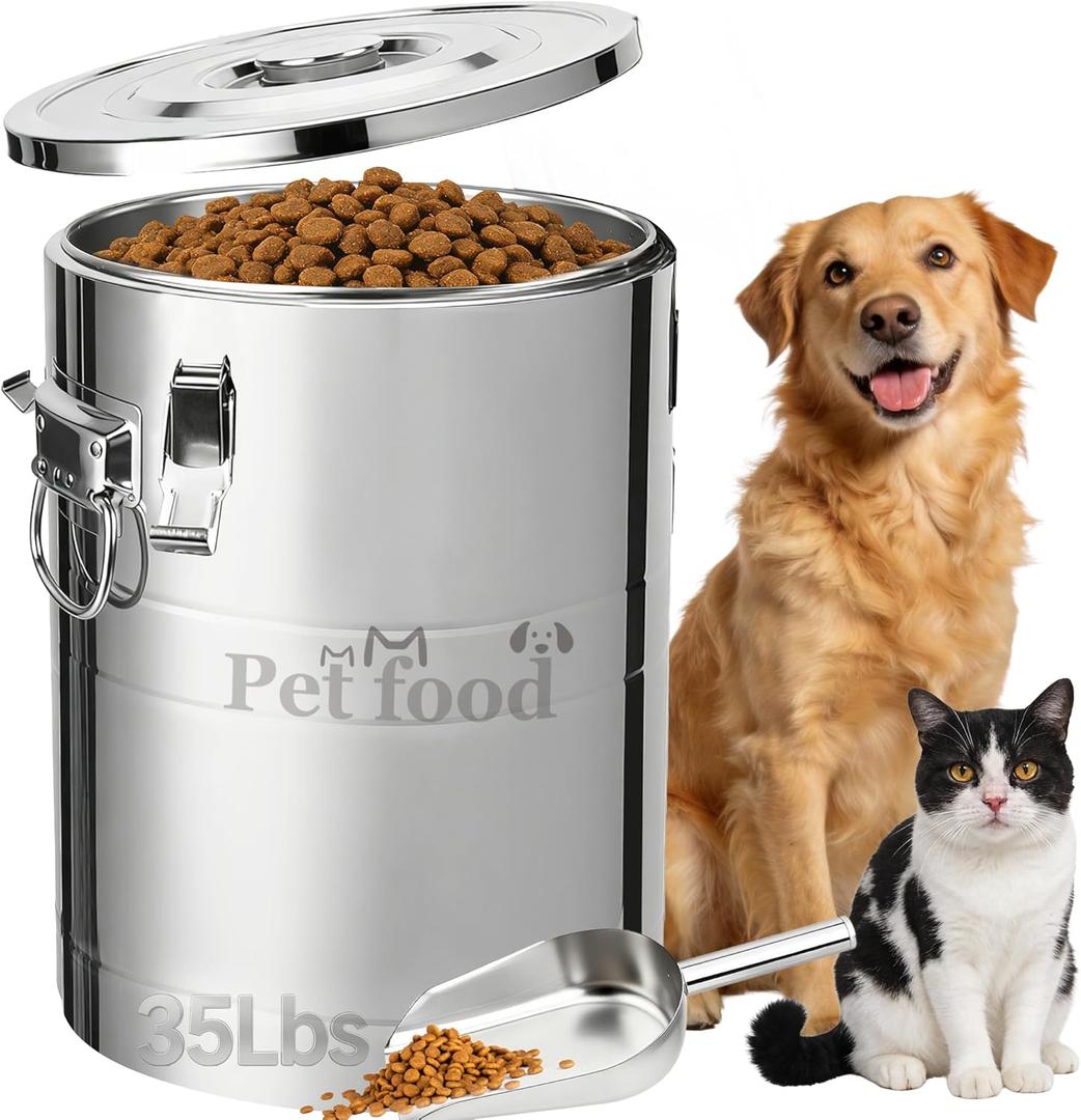 Newget 35 Lbs Stainless Steel Dog Food Storage Container, Large Airtight Pet Food Storage Bin with Lid to Keep Fresh, Metal Container with Scoop for Dog, Cat, Bird Seed, Rice, Grain & Kitchen Pantry