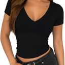 ForeFair Womens Casual V Neck Short Sleeve T Shirts Going Out Tops Double Lined Slim Fitted Summer Basic Tee (Small, Black)