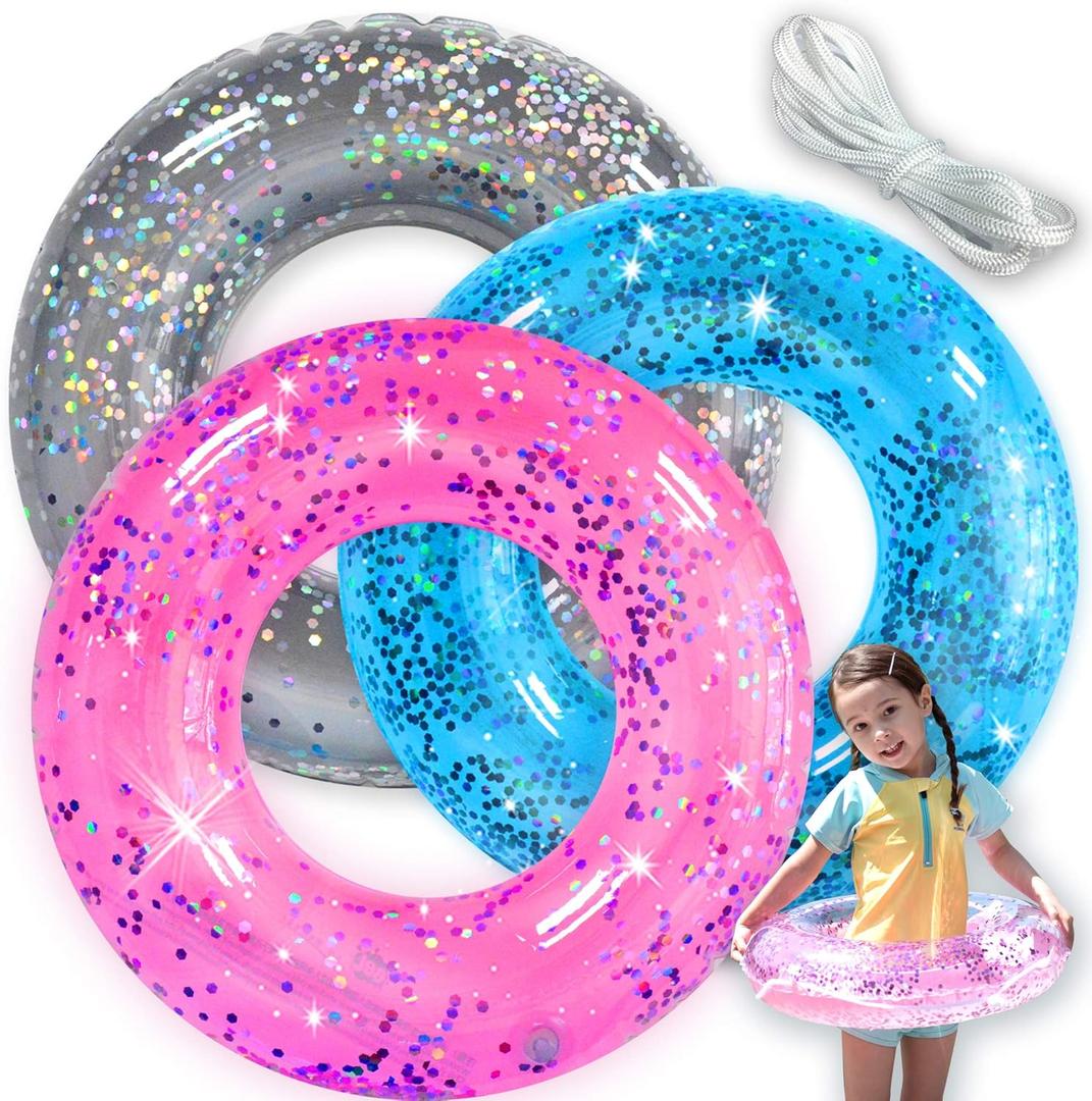 Pool Floats Kids 3 Pack, Inflatable Swim Rings for Kids Pool Tubes Toys, Pool Floats Ring Toys, Summer Beach Swimming Pool Floats Party Supplies + Patch&Tow Rope