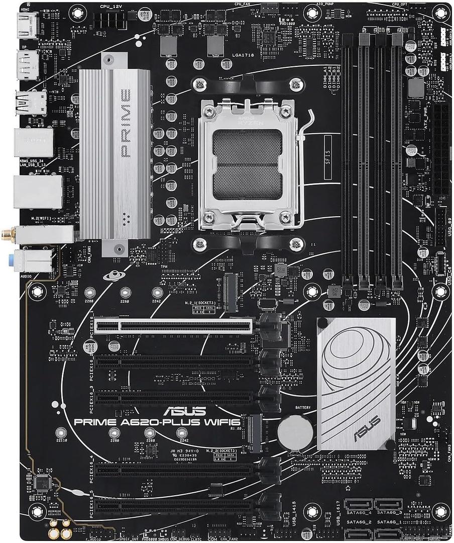 ASUS Prime A620-PLUS WIFI6 AMD A620 AM5 ATX Motherboard, DDR5, PCIe 4.0, Dual M.2 Slots, WiFi 6, DisplayPort/HDMI, Rear & Front USB 5Gbps Type-C, SATA 6 Gbps, Two-Way AI Noise Cancelation, Aura Sync