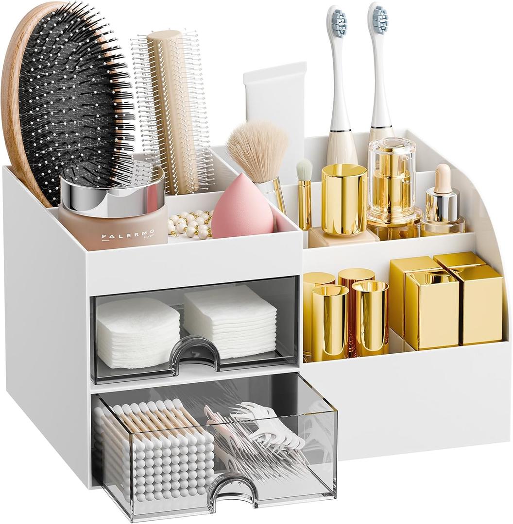 Makeup Organizer with 2 Drawers, Makeup Organizers Countertop for Vanity and Bathroom, Makeup Organization and Skincare Storage with Brush Holder, for Dresser, Desktop, Cosmetic Display Case (White)