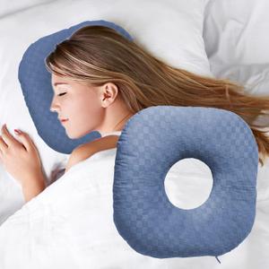 Ear Piercing Pillow for Side Sleepers with an Ear Hole for CNH and Ear Pain Ear Inflammation Pressure Sores, Cotton O-Shaped Side Sleeping Pillow, Ear Guard Pillow (Blue)