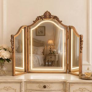 Wonderjune LED Trifold Vanity Mirror 3 Way, 24 x 30 in, Golden