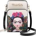 Frida Kahlo Artistic Phone Wallet Crossbody Bag, Floral Butterfly Design, Multi-Compartment with Card Slots, Beige and Black