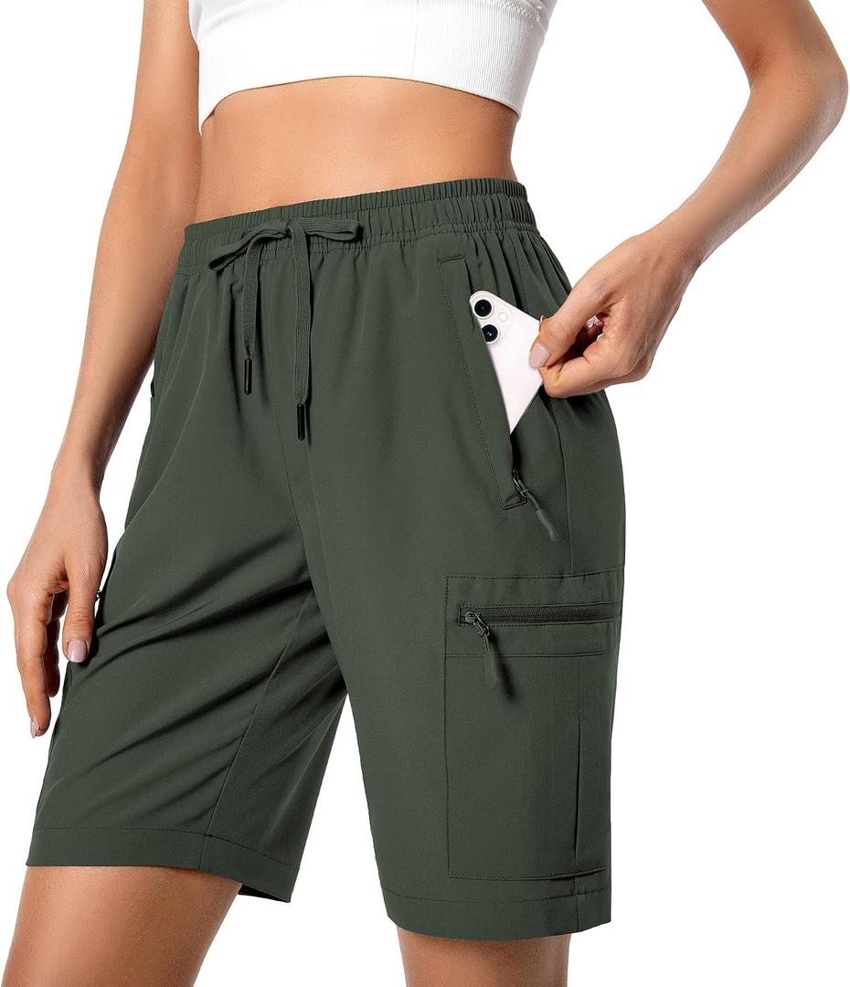 Hugut Women's Lightweight Hiking Cargo Shorts Quick Dry Athletic Shorts Camping Travel Golf Zipper Pockets Water Resistant, Army Green, Medium