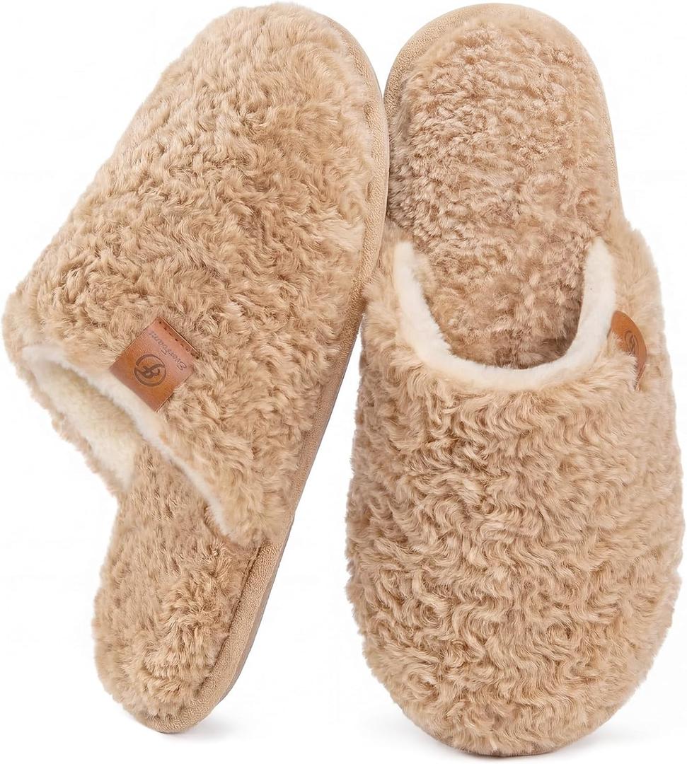 EverFoams Women's Fuzzy Slip-on Slippers Warm Cozy Soft Lightweight Memory Foam Indoor House Shoes (9-10)
