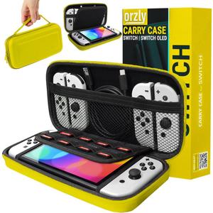 Orzly Carry Case Compatible with Nintendo Switch and New Switch OLED Console -Protective Hard Portable Travel Carry Case Shell Pouch with Pockets for Accessories and Games (NEON YELLOW)