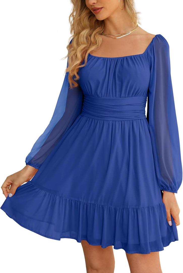 Wenrine Women's Mesh Long Sleeve Square Neck Dress High Waist A Line Ruffle Hem Flowy Casual Party Mini Dress (Blue), S