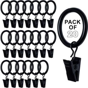 Black Curtain Rings with Clips 1 Inch Set of 20 Curtain Hooks for Drapes, Caps, Pictures - fits on Rod Diameter Upto 0.95Inch/24mm (Black, 1" Inch - 20 Pack)