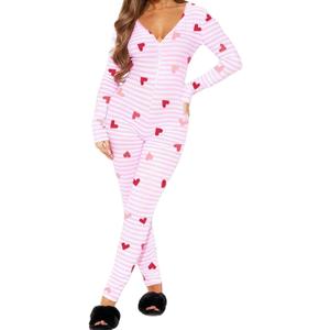 Nicoxijia Women Valentine's Bodycon Pajama Jumpsuit V Neck Long Sleeve Button One Piece Rompers Overall Sleepwear Loungewear (Pink, S)
