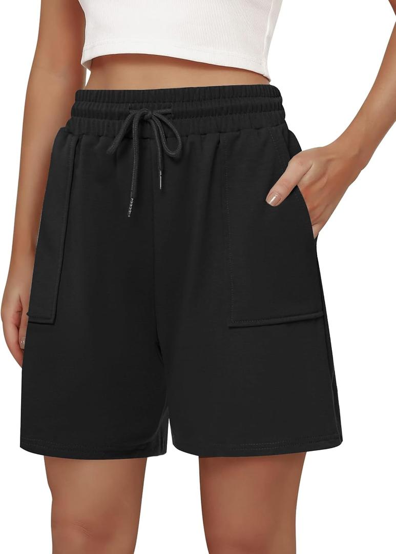 Cowasto Womens Cotton Sweat Shorts Casual Summer Loose Athletic Short Drawstring Waist Lounge Running Shorts with Pockets (4X-Large, Black)