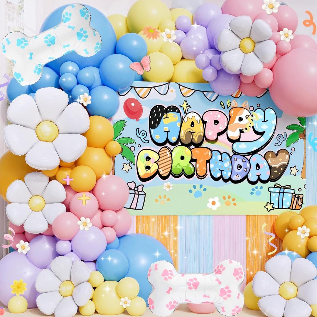 Blue Dog Birthday Party Decorations for Girls & Boys - Cartoon Theme Balloon Arch Kit with Backdrop, Fringe Curtains & Bone Foil Balloons - Easy Setup Party Supplies for 1st 2nd 3rd Bday