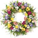 Summer Wreaths for Front Door 20 Inch Artificial Flower Pansy Wreath with Green Leaves Daisy Lavender Fern Wreaths Silk Summer Door Wreath for Farmhouse Outdoor Festival Wall Decor