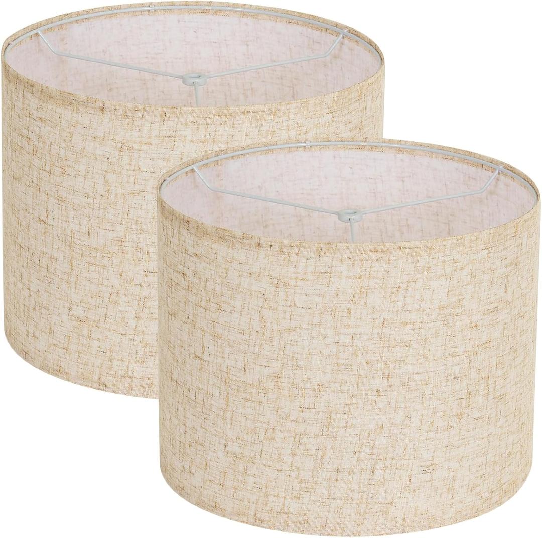 Beige Lamp shades Set of 2, Large Linen Drum Lampshades, 13" Top x 13" Bottom x 10" High Lamp Shade, Replacement Lampshades for Table and Floor Lamps, Pendant Light, Handcrafted, Easy Assembly