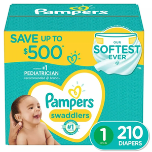 Pampers Swaddlers Diapers, Size 1 (8-14 lbs), 210 Count, Absorbent, Keeps Baby Dry and Comfortable, Skin Safe Disposable Baby Diaper (Packaging May Vary)