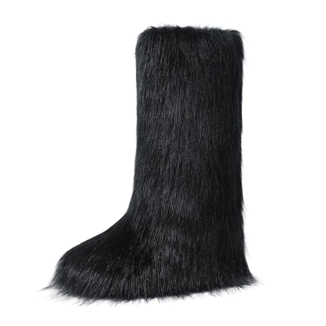 Dufnfn Women's Knee-High Faux Fur Boots - Furry Fluffy Warm Winter Snow Boots with Comfortable Round Toe for Cozy Outdoor and Indoor Use(Big Black) (Black, M)