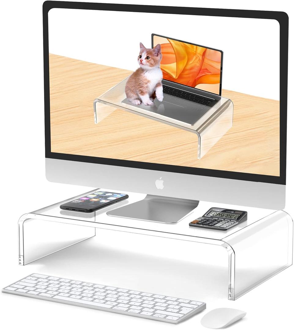 Acrylic Monitor Stand Riser Acrylic Laptop Stand for Desk Clear Computer Monitor Stand for Desk Accessories White Aesthetic Decorations for Office Home iMac Organizer, 14x7.5x4''