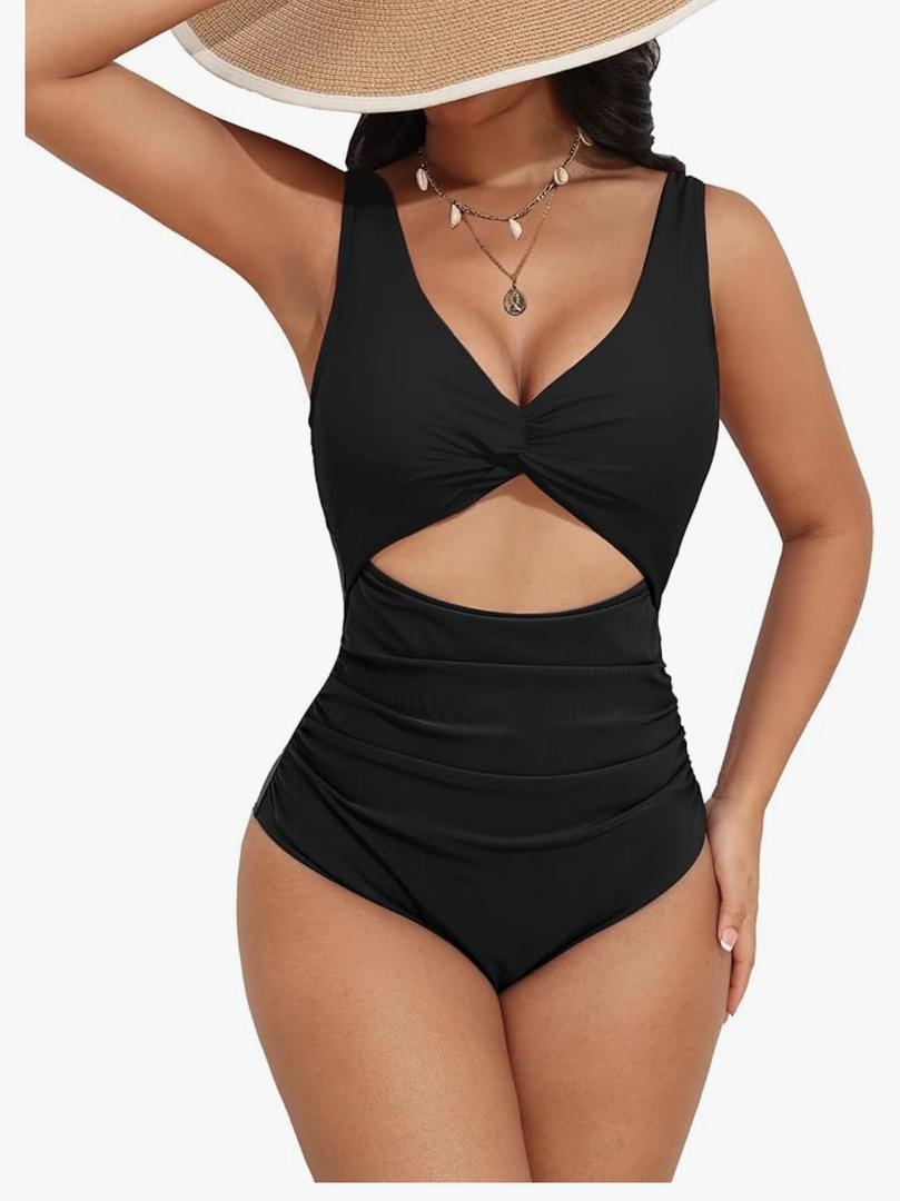 AI'MAGE Women's One Piece Swimsuit High Waisted Bathing Suit Cutout Monokini V Neck Swimwear,S