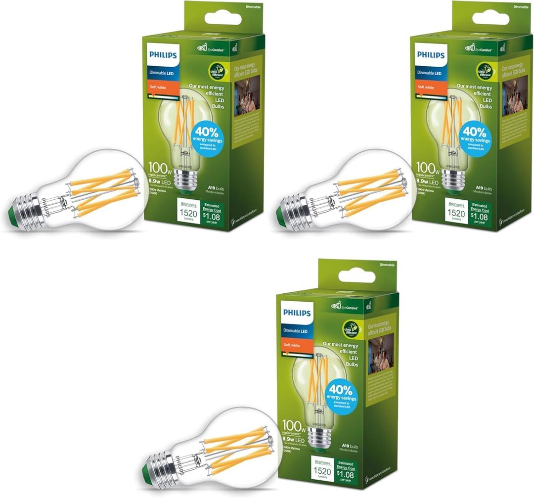 PHILIPS LED 100W A19 3-Pack Ultra Efficient Soft White (2700K) 1520 Lumen (8.9W = 100W) Dimmable Clear Flicker-Free Light Bulbs