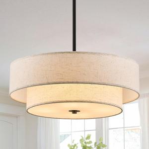 Black Modern Chandelier 18'' Drum Chandeliers with 2-Layer Fabric Shade 4-Light Linen Pendant Light Fixture for Dining Room Bedroom Kitchen Hallway Foyer