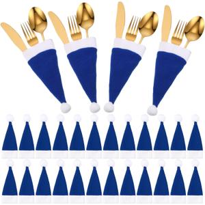 30 Pack Christmas Santa Hats Silverware Holders Mini Santa Hats Xmas Party Dinner Table Dinnerware Decorations Christmas Party Supplies for Red Wine Bottle, Knife, Fork, Candy(Blue)