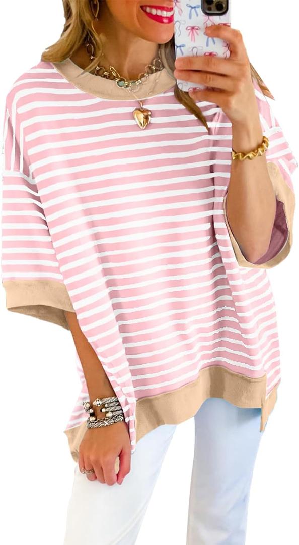 SHEWIN Womens Tops Casual Short Sleeve Sweatshirt Crewneck Striped Shirt Pullover T Shirts Loose Blouses (Pink, M)